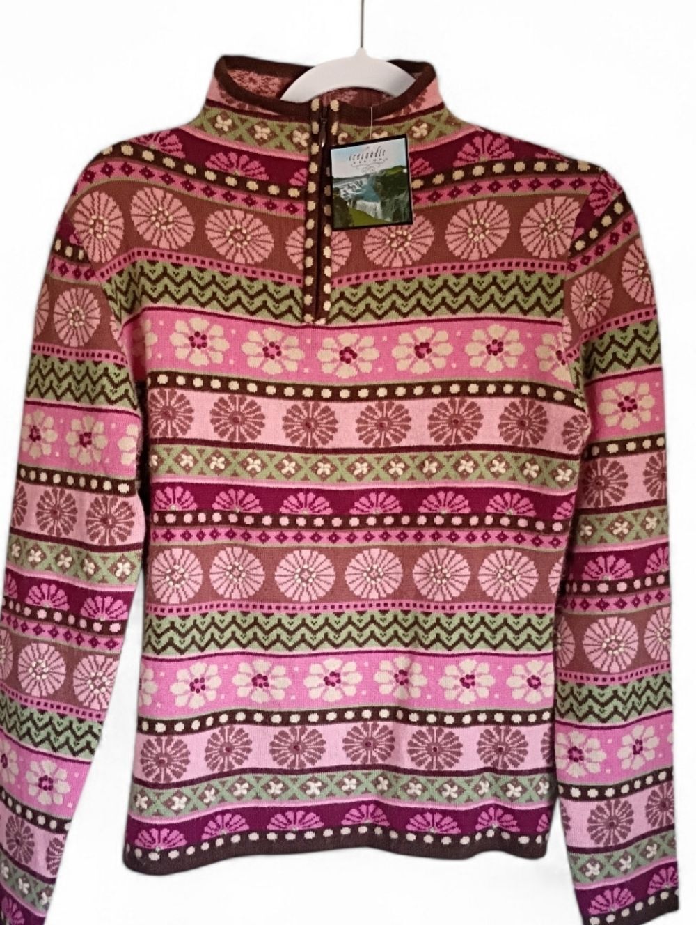 New VTG Icelandic Designs Pink Floral 1/4 Zip Sweater Medium Angora Pullover